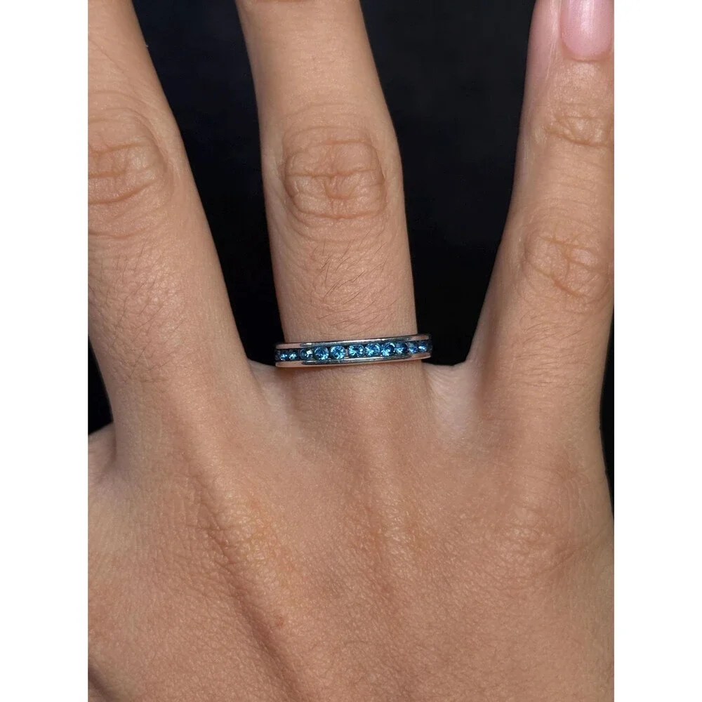 925 Sterling Silver Blue CZ Eternity Band Ring Size 5.25
